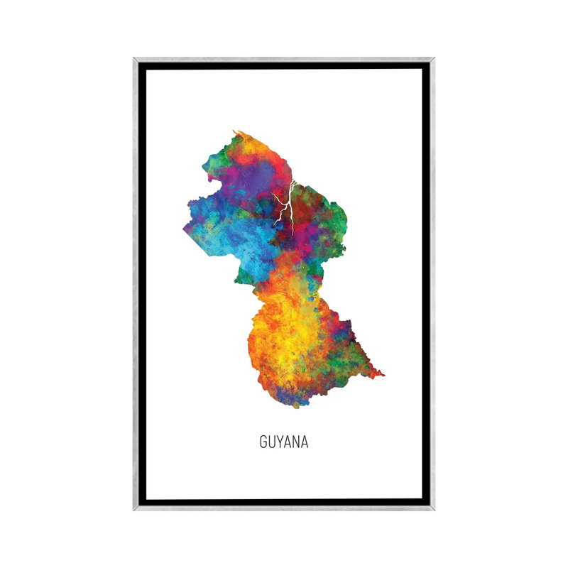 " Guyana Map " by Michael Tompsett, Silver Framed Canvas, No Mat, 48" H x 32" W x 1.5" D