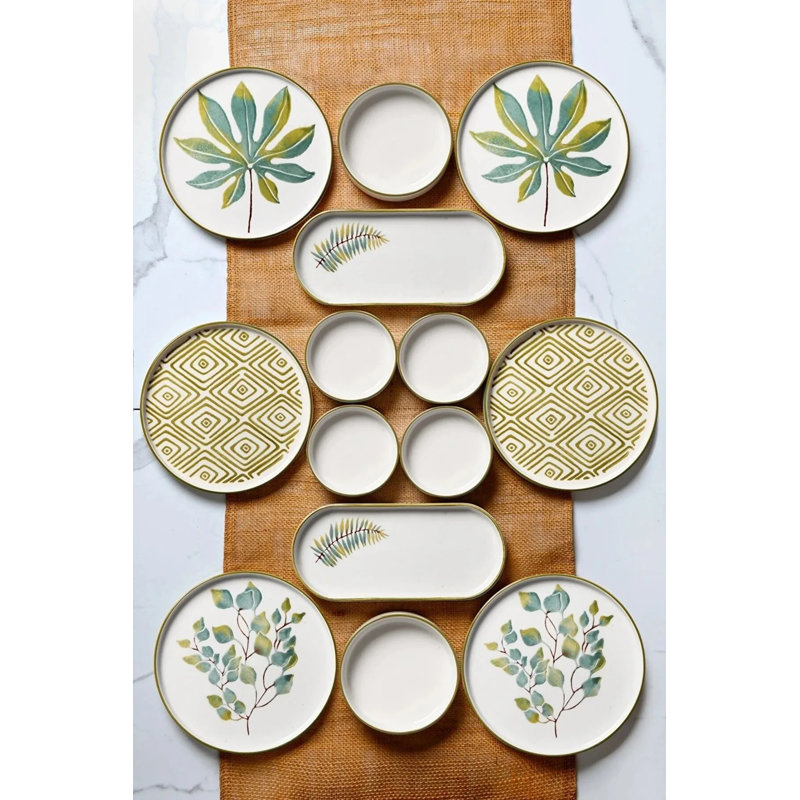 Ensemble de petit-déjeuner élégant 14 pièces, 100% céramique | Comprend 6 assiettes (7,5 pouces), 2 assiettes (9,8 x 4,3 x 1,4 pouces), 6 bols (4,1 x 4,1 x 1,4 pouces, 5,1 oz liq.) | Va au lave-vaisselle, parfait pour les repas et les réceptions élégants | Conception durable et chic