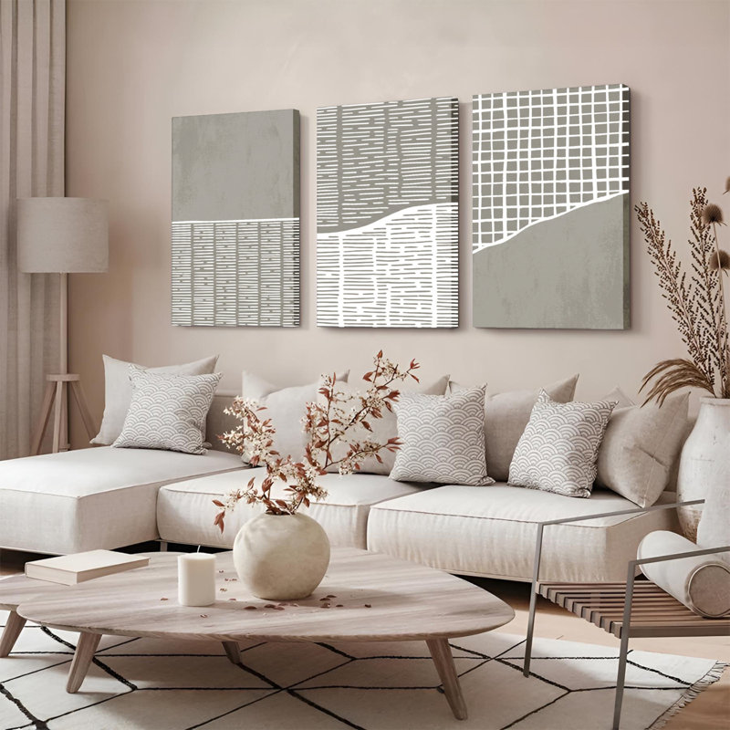 Béton et grille, ensemble d'art abstrait sur toile tendue sur toile pour 3 personnes, salon moderne, chambre à coucher ou bureau