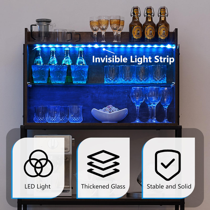 Black Steel 6-Tier Bakers Rack with LED Lights and Power Outlet