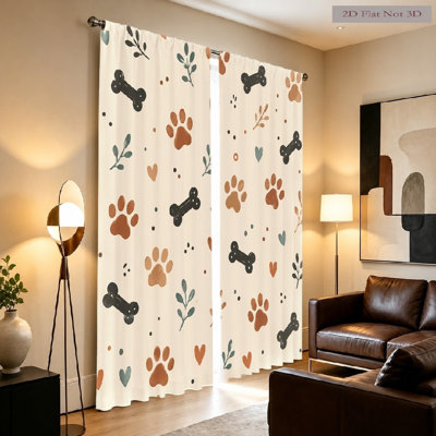 2Pcs Paw Print and Bone Curtains, Light Filtering Fabric, Playful Cute Animal Pattern, Sunshade Privacy Protection, Rod-Pocket Design, Suitable for Living Room, Bedroom, Balcony, Kids Home Decoration