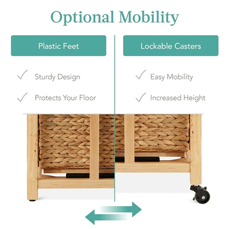 Natural Rubberwood Vertical Rolling File Cabinet with Water Hyacinth Baskets