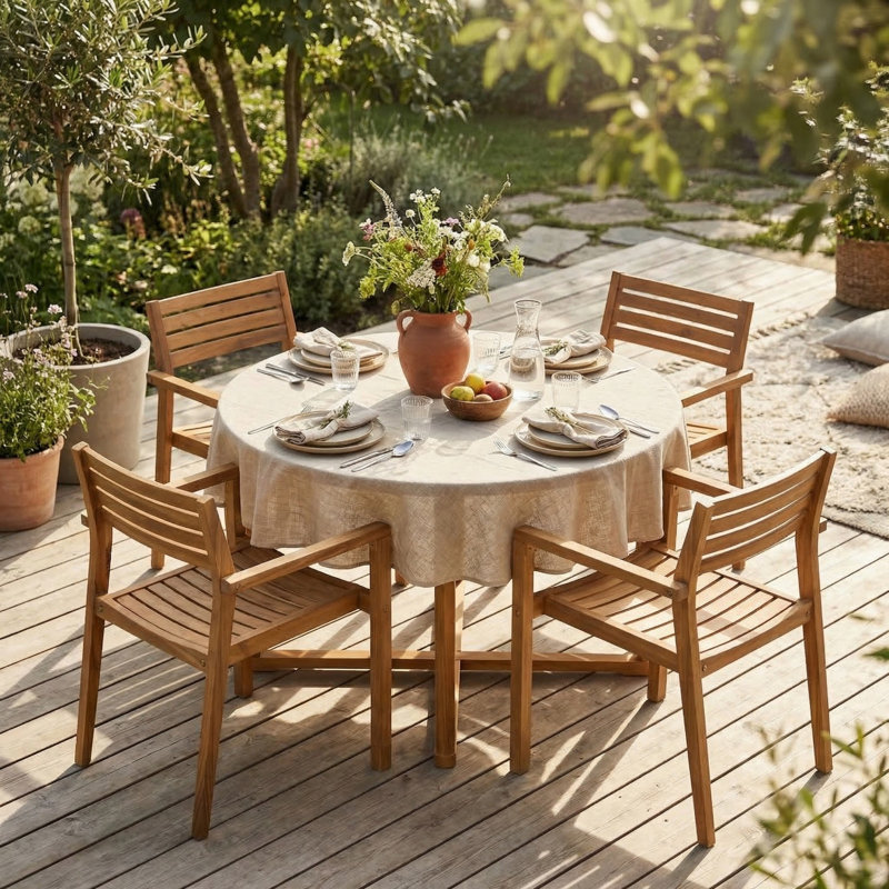 5-Piece Outdoor Dining Set with 4 Acacia Wood Chairs, 47.2" Round Dining Table with Slatted Design, Ideal for Patios, Gardens