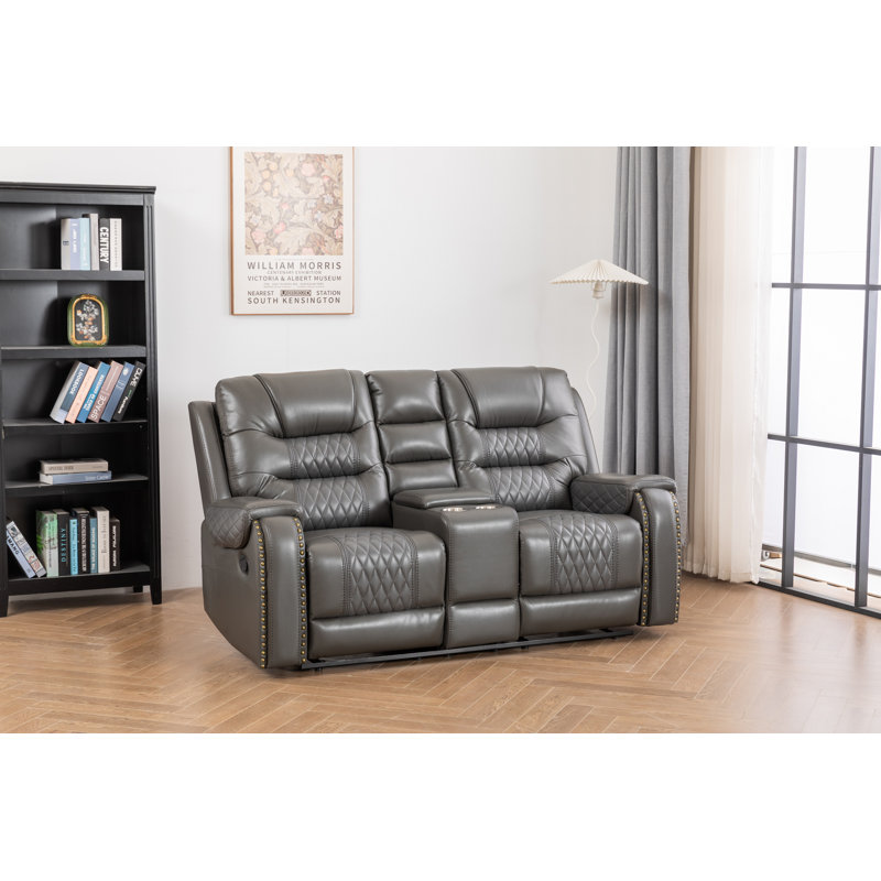 Ilyia Two Tone Vegan Leather Livingroom Reclining Loveseat, Gray Faux Leather