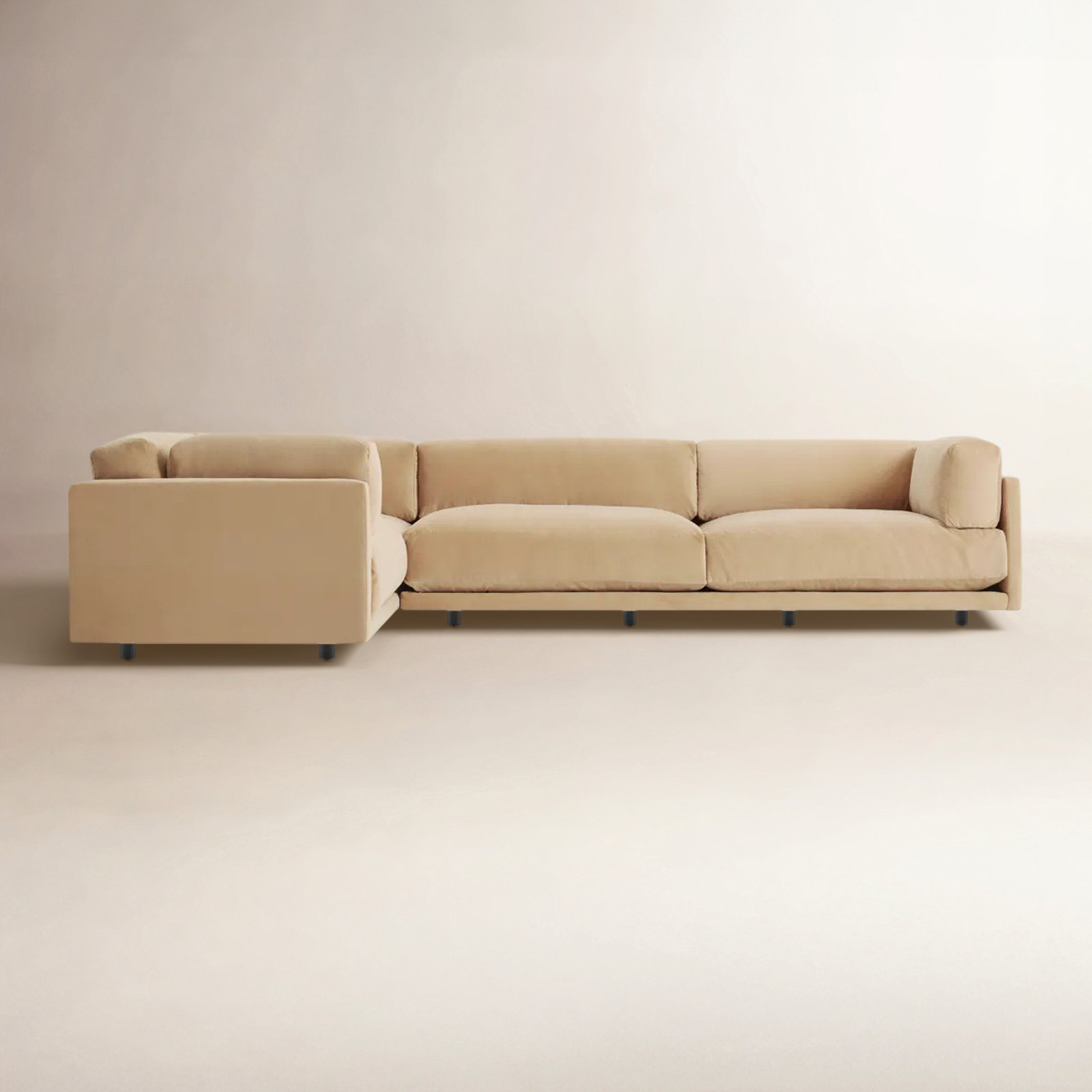 Sunday Upholstered L-Sectional, Right Hand Facing, Camel Velvet Polyester Blend