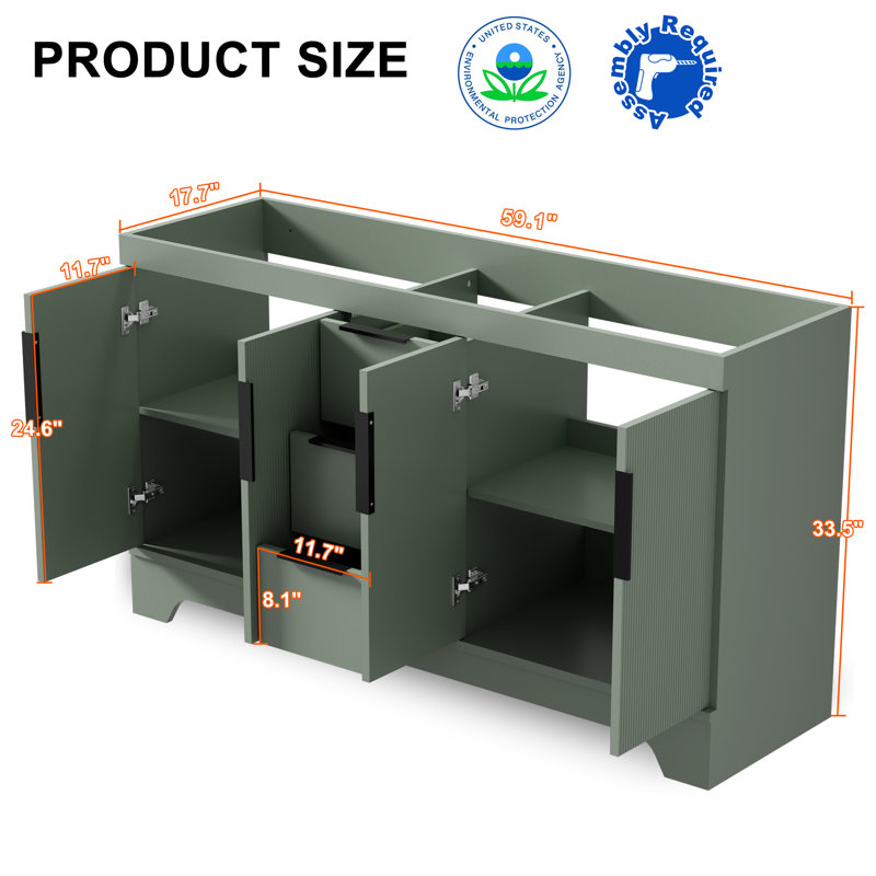 Base de meuble-lavabo double 60 po avec lavabo double 60 po, lavabo non inclus, Vert sauge