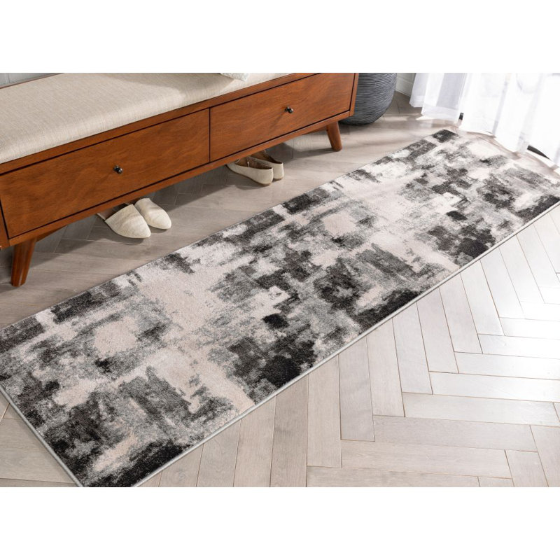 Chimeng Kalia Modern Abstract Gray Black Area Rug, Runner 2'3" x 7'3"