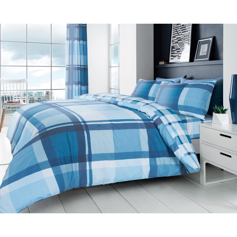 Check Pattern Polycotton Duvet Cover Set with Matching Pillowcases - Machine Washable Bedding Set, Blue, Single