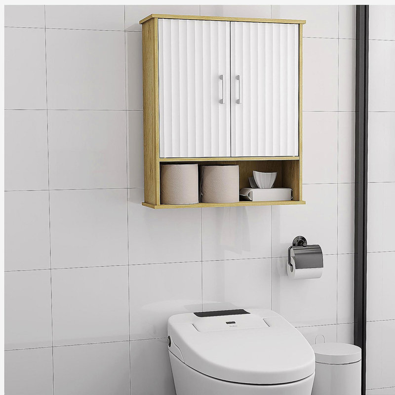 Armoire murale de salle de bain avec porte double, tablette inférieure, portes à motifs ondulées, tablette intérieure réglable, installation facile, bois blanc et naturel