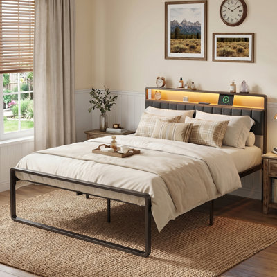 Queen Size Metal Bed Frame With Upholstered Headboard & LED Lights & Charging Station & Large Storage Space, No Box Spring Needed
