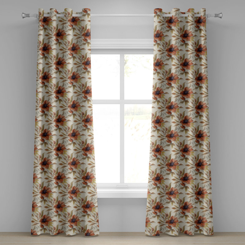 Red Barrel Studio® Vintage Grommet Curtain Garden Flowers Autumnal Art 50" x 54" Cinnamon Pale Khaki Beige, 50" W x 108" L