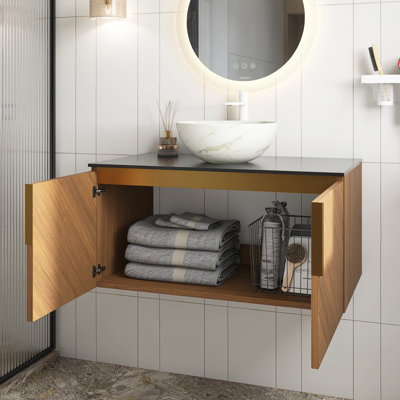 Meuble-lavabo de salle de bain en contreplaqué 36 po, armoire de rangement flottante pour salle de bain avec portes doubles, comptoir en pierre frittée noire et cuve en céramique blanche avec motif de pierre, couleur grain de bois de chêne brun
