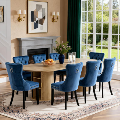 Ensemble de salle à manger ovale extensible de 9 pièces pour 8 personnes avec base de rangement, table de cuisine marron style ferme, ensemble de 8 chaises en velours
