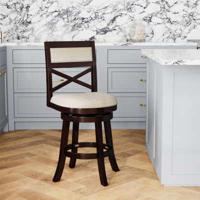 Tabouret pivotant à dossier en X de 24 po de hauteur comptoir, finition espresso, siège en tissu beige