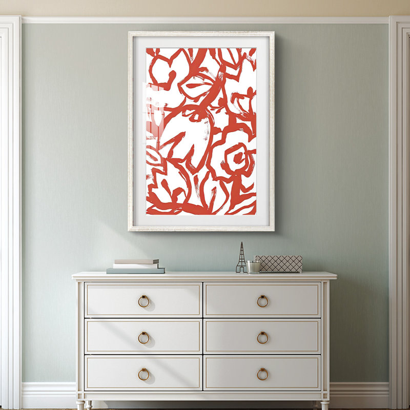 «Red Brush Floral I», impression encadrée, H 28,5 po x l 20,5 po