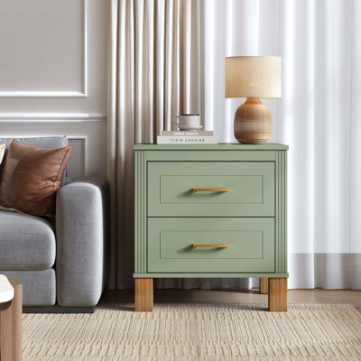 Table de chevet haut de gamme à 2 tiroirs avec pattes en bois massif et design élégant cannelé