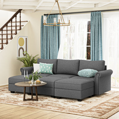 6 Sectional With 3 And 3 , Ideal For Bedroom, Living Room, Office - Modern U Shaped Style, Grey Upholstery, Soft Seat Plushness, Pillow Back, Rolled Arms, Memory Foam Filler, Storage Space, Frame