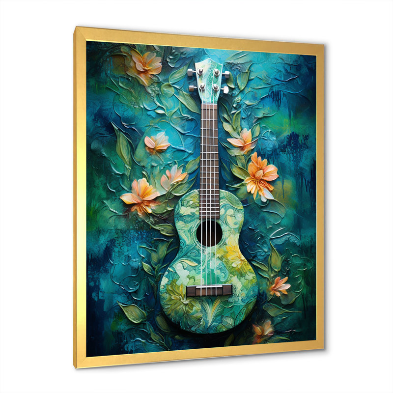 «Euphonic Tropical Teal Guitare Music I», reproduction sur toile, Cadre doré simple, H 32 po x l 16 po x P 1 po