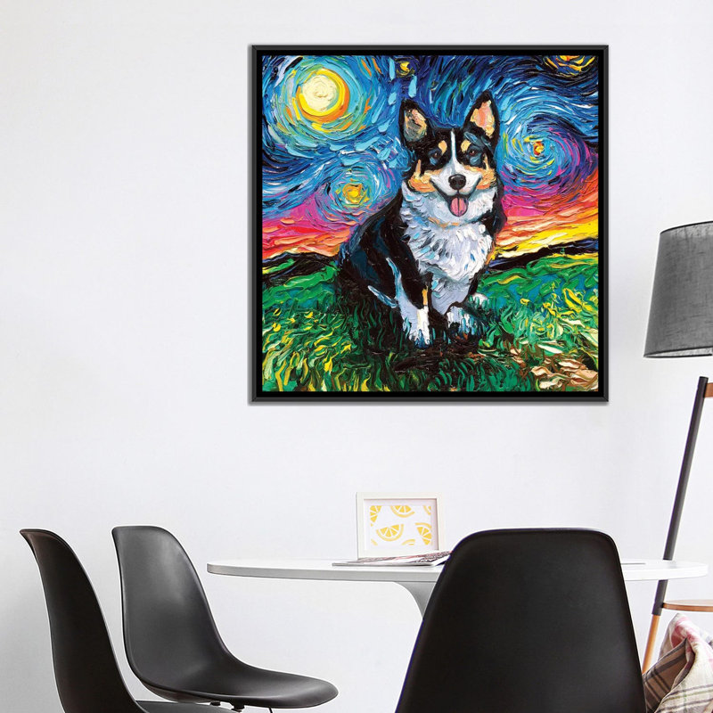Reproduction d’art, "Corgi Night" tri-color par aja Trèves, Pas de tapis, Toile avec cadre noir, H 12 po x l 12 po x P 1,5 po