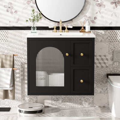 Ensemble de meuble-lavabo mural 24 po pour petit espace, armoire de salle de bain avec lavabo en céramique, 2 tiroirs et 1 porte à fermeture en douceur 