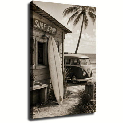Vintage Sepia Surf Shop Beach VW Bus Palm Tree Canvas Wall Art Coastal Retro Decor