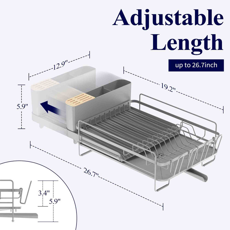 Gray Extendable Metal Dish Drying Rack with Utensil Cup