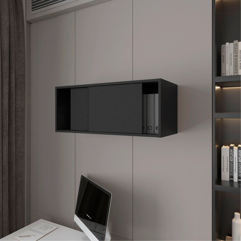 Floating Cabinet With Sliding Door, Black