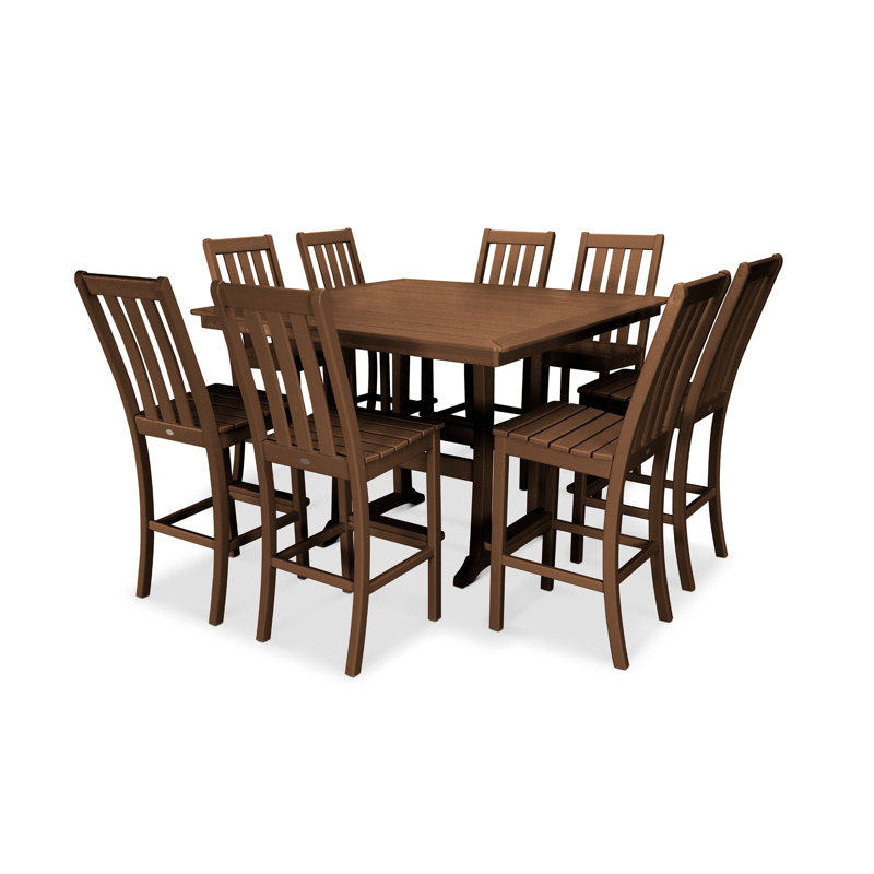 POLYWOOD Vineyard 9-Piece Nautical Trestle Bar Set, Teak