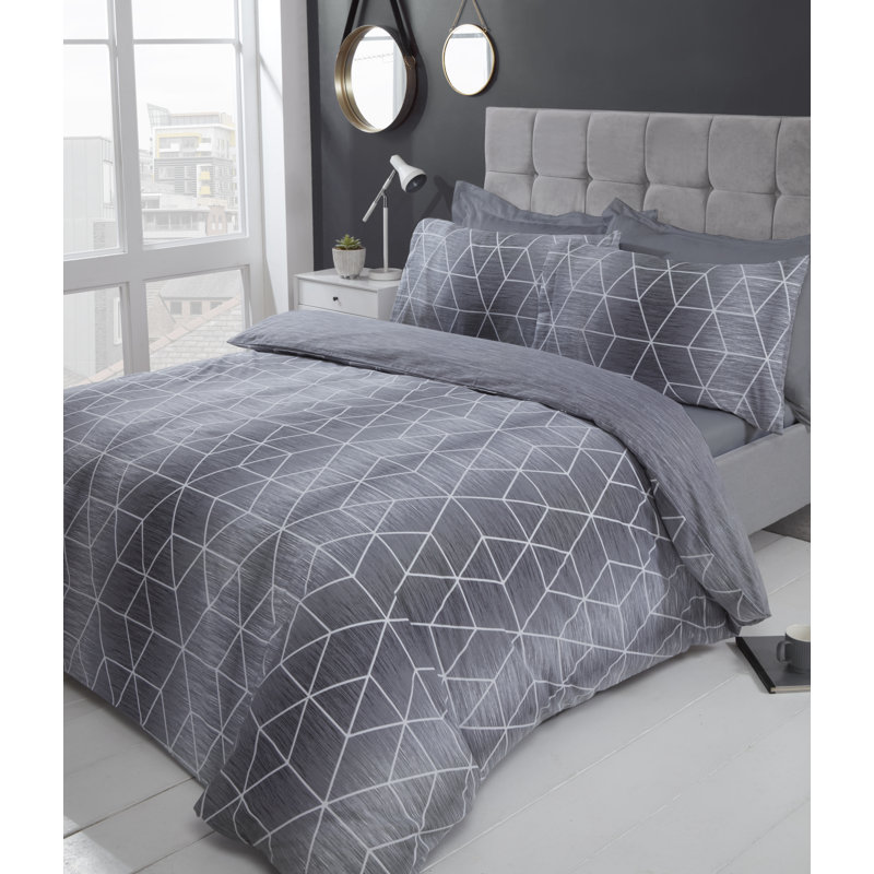 Brynmor Cotton Blend Geometric Shapes Duvet Cover with Pillowcases, Grey, Single - 1 Standard Pillowcase