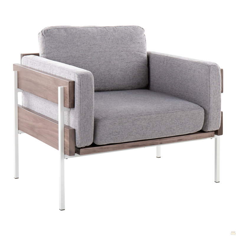 Chaise d'appoint en métal blanc, bois gris et tissu gris clair, Gris, Noyer/blanc