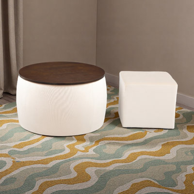 Round Ottoman Set With Storage, 2 In 1 Combination, Round Coffee Table, Square Foot Rest Footstool For Living Room Bedroom Entryway Office