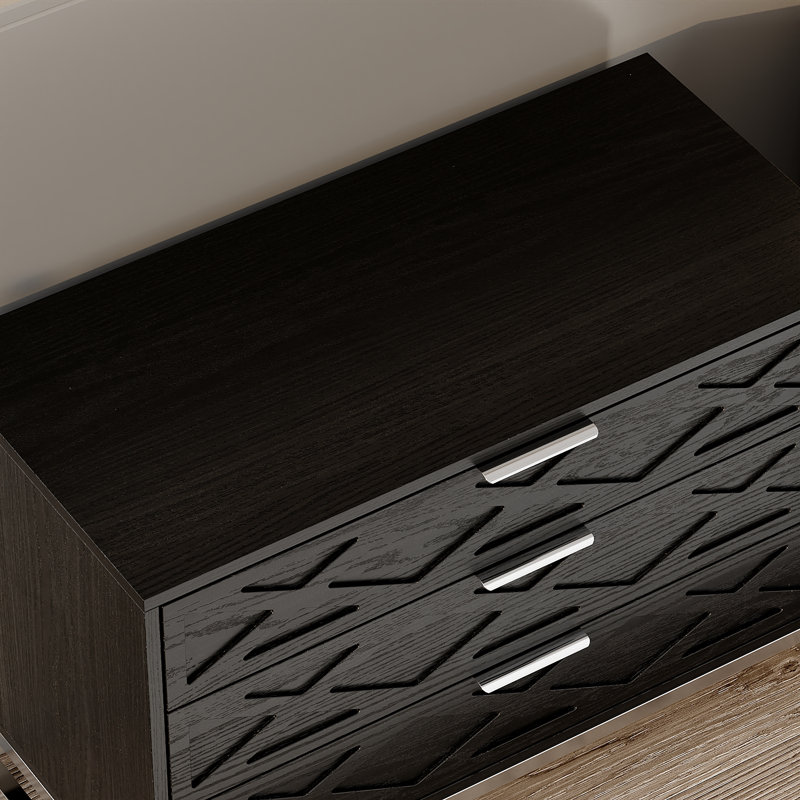 Black Wood Grain 3-Drawer Nightstand With Silver Legs,Contemporary  Bedside Table