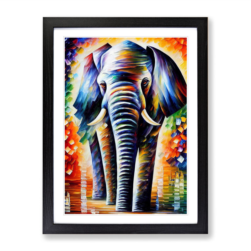 Colourful Elephant No.3 - Wall Art, Black Framed, 66cm H x 48cm W x 2cm D, White