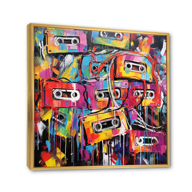 " Cassette Tapes Tangled Tunes I ", 30" H x 30" W x 1" D, Gold Floater Framed