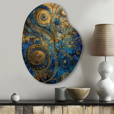Blue And Gold Melodies Of Boho II - Unique Shape Boho Feather Metal Wall Art, Asymmetrical Metal Wall Sculpture Print