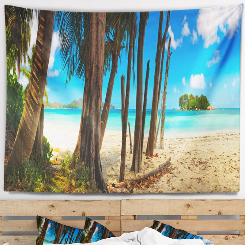 Tapisserie de paysage marin sur la plage tropicale de l'île Praslin, H 78 po x l 92 po