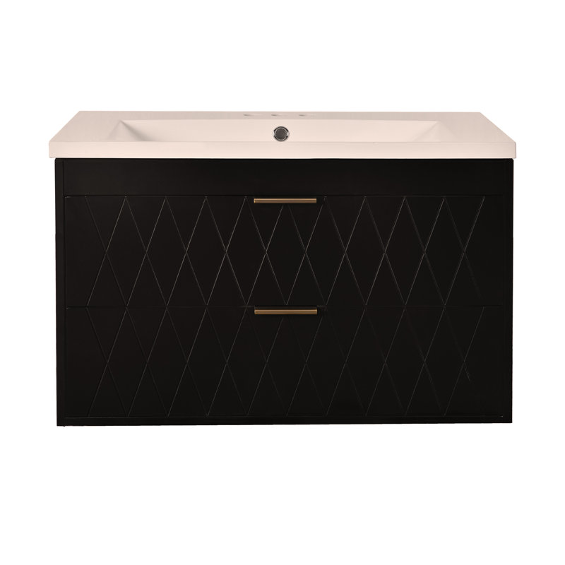 Meuble-lavabo mural 30 po avec lavabo en résine, armoire de rangement flottante avec 2 tiroirs, armoire de salle de bain en bois massif