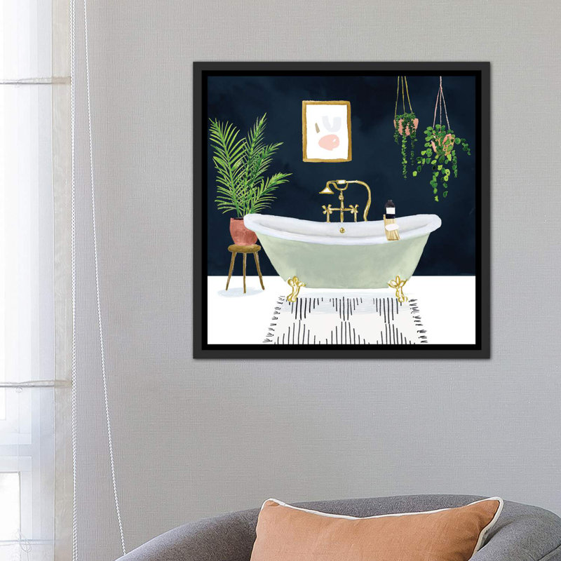 «Boho Bath I» par Victoria Borges - impression d'art graphique, Cadre flottant noir patiné, H 26 po x l 26 po x P 1,5 po