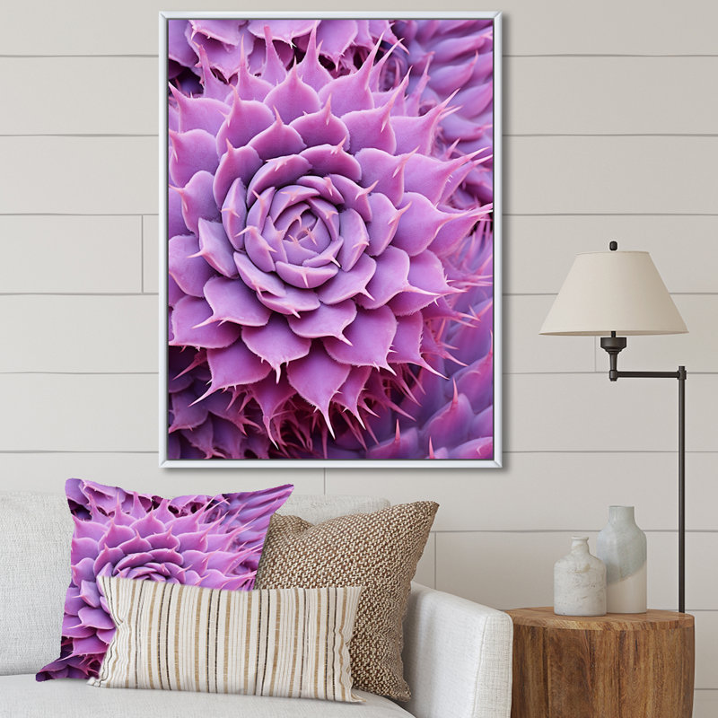 Cactus Mauve Majesty sur toile, Cadre flottant blanc, H 20 po x l 12 po x P 1 po