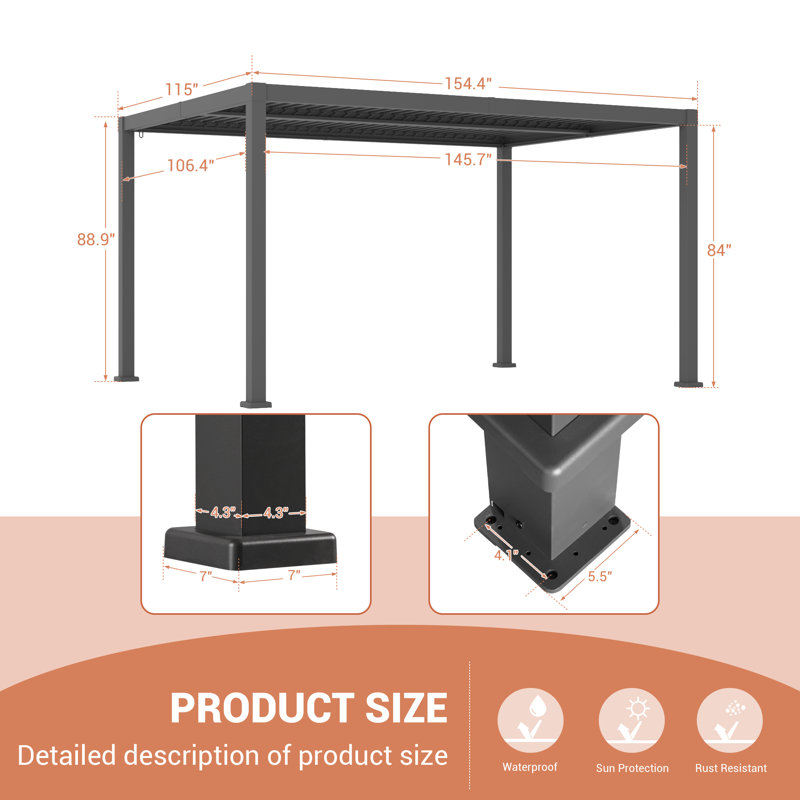 10 po x 13 pi avec bandes à DEL et pergola en aluminium, Gris anthracite