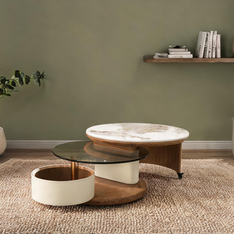 Ensemble de tables basses Nesting - Tables rondes en panneau de fibres à densité moyenne noyer et verre à roulettes