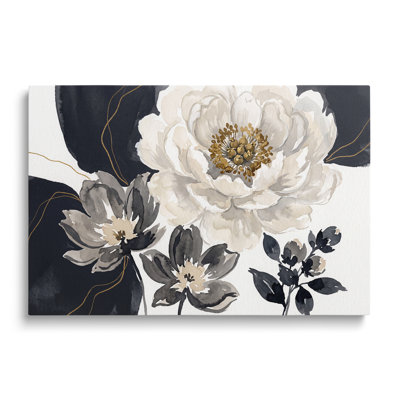 Nature morte multicolore sur toile, peinture à l'huile, motif floral noir et blanc avec touches dorées, idéale pour le salon, la salle à manger et la chambre.