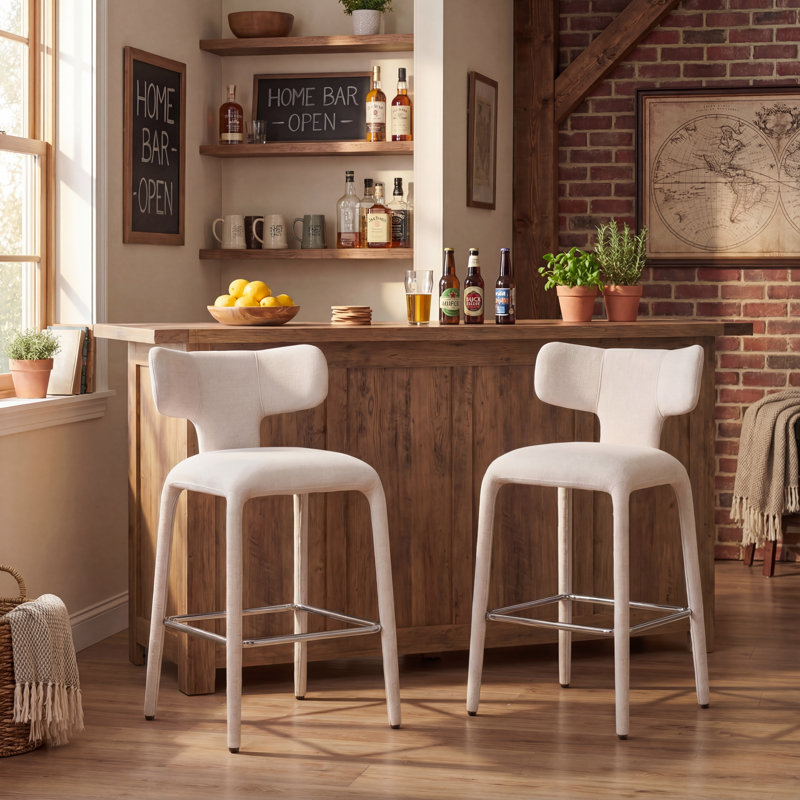 Upholstered Counter Stool with Metal Legs, Beige