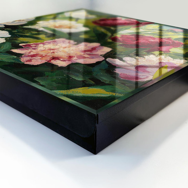 Decorative key box for wall, Opens to the right, 30x30x5, Black, Peonies in full bloom against a green background, 