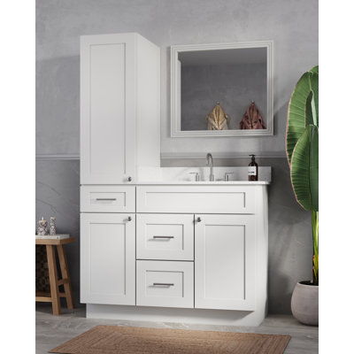 46" Freestanding Single Bathroom Vanity with Left Tall Linen Cabinet, Carrara Quartz Top, 3 Drawers