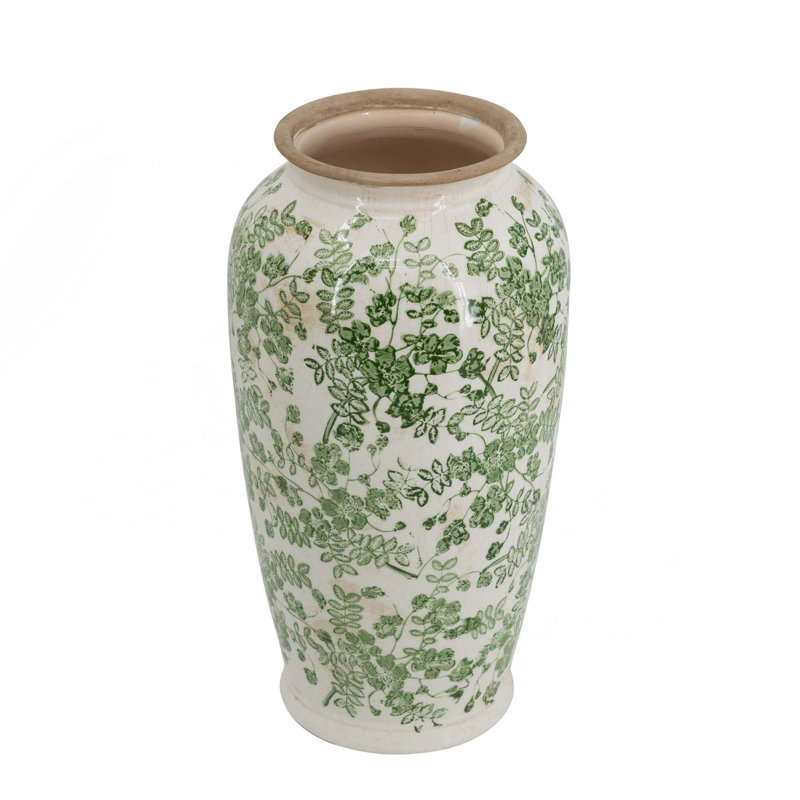 White Ceramic Flower Vase With Green Floral Pattern, 14.6" H x 7.7" W x 7.7" D