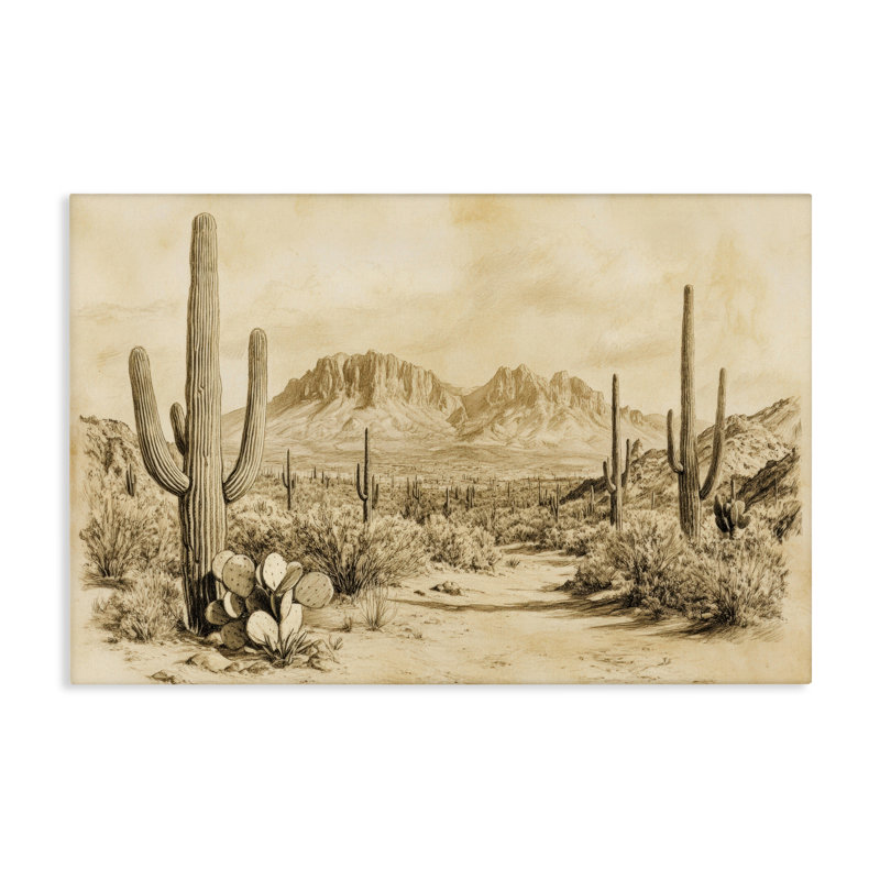 Cactus Road, toile de désert rétro, design par Petal Prints Design, H 20 po x l 30 po