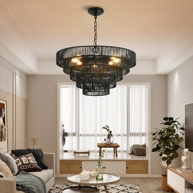 8-Light matte black hemp rope woven adjustable iron pendant lamp, 8 Lights, Black