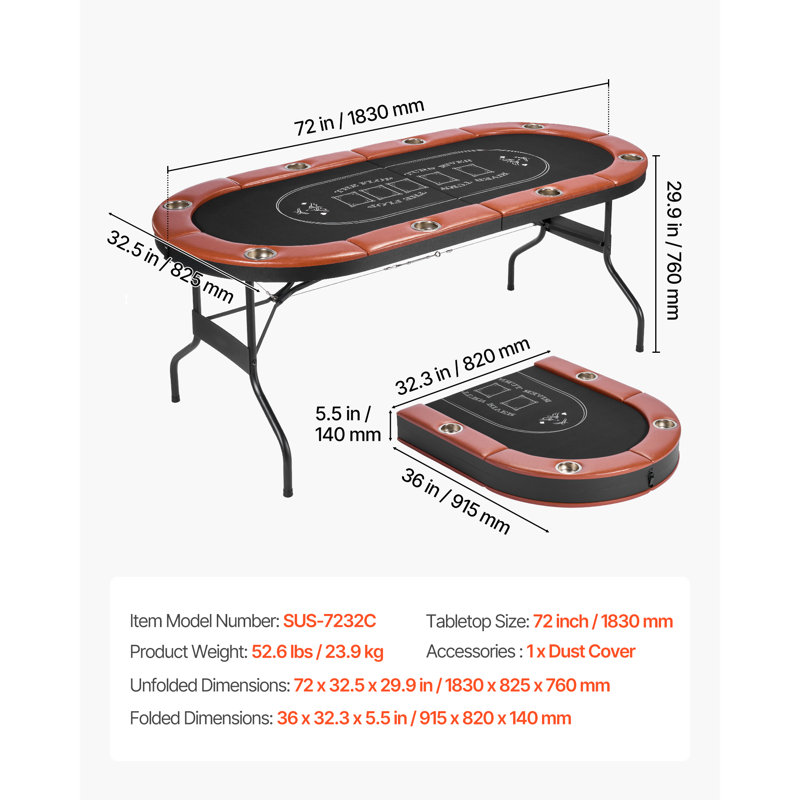 VEVOR 182.9cm 8 - Player Black Foldable Poker Table