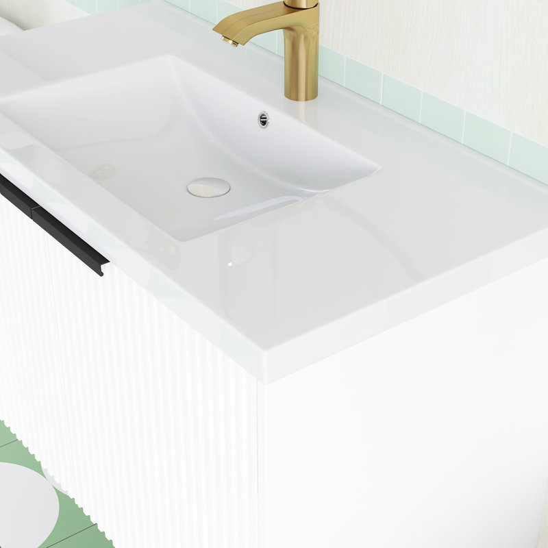 Meuble-lavabo mural simple vasque de 90 cm (35,4 po) avec dessus en résine, Blanc